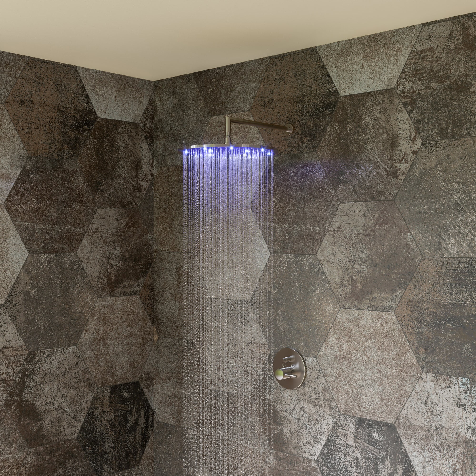 Brushed Nickel Round LED Rain Shower Head with Temperature Control