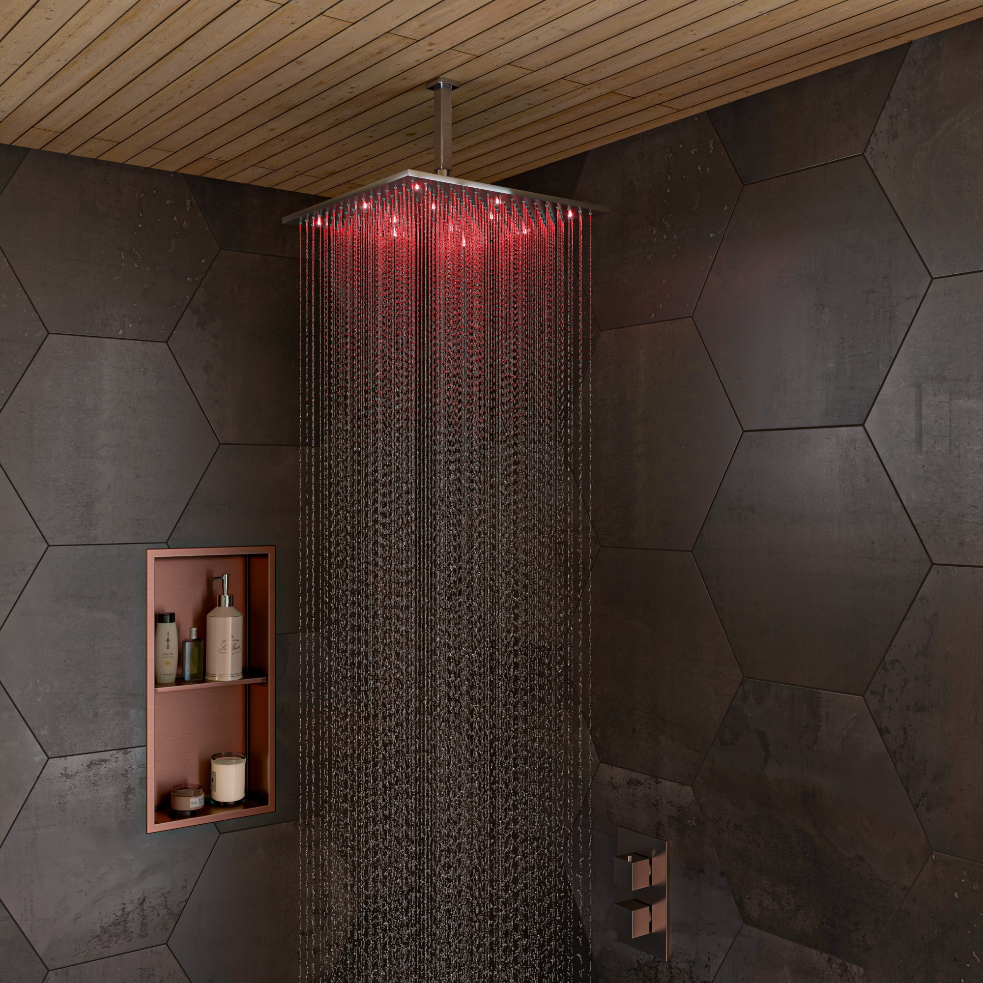 Brushed Nickel Square LED Rain Shower Head, 16-inch