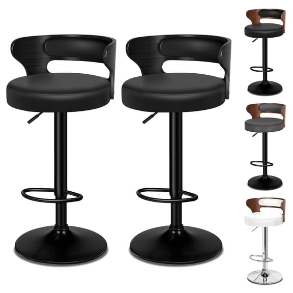 ALFORDSON Bar Stools Set of 2, Adjustable Height Swivel Barstools for Kitchen Counter, Modern PU Leather Upholstered Bar Chairs with Bentwood Back and Footrest, for Tall Bar, Kitchen, Dining, Black