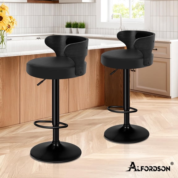 ALFORDSON Bar Stools Set of 2, Adjustable Height Swivel Barstools for Kitchen Counter, Modern PU Leather Upholstered Bar Chairs with Bentwood Back and Footrest, for Tall Bar, Kitchen, Dining, Black