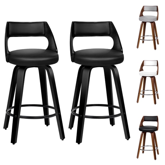 ALFORDSON Counter Height Bar Stools Set of 2, 26" Swivel PU Leather Upholstered Barstools with Curved Bentwood Back & Legs, Mid-Century Modern Bar Chairs for Kitchen Island, Dining, Home Bar, Black