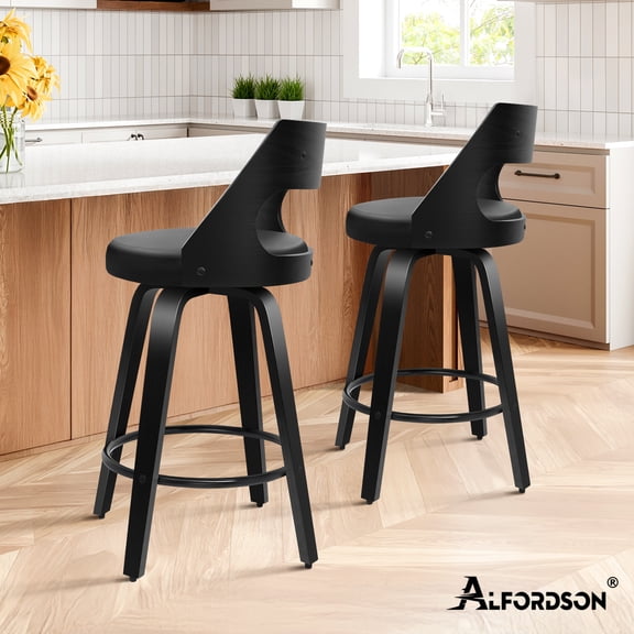 ALFORDSON Counter Height Bar Stools Set of 2, 26" Swivel PU Leather Upholstered Barstools with Curved Bentwood Back & Legs, Mid-Century Modern Bar Chairs for Kitchen Island, Dining, Home Bar, Black