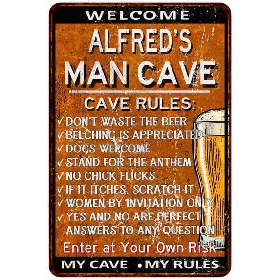 ALFRED'S Man Cave Rules Rusty Sign Garage Decor 8 x 12 High Gloss Metal 208120051240
