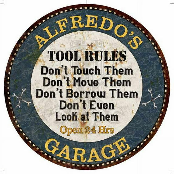 ALFREDO'S Garage Rules 12" Round Metal Sign Garage Wall Décor 100140015369
