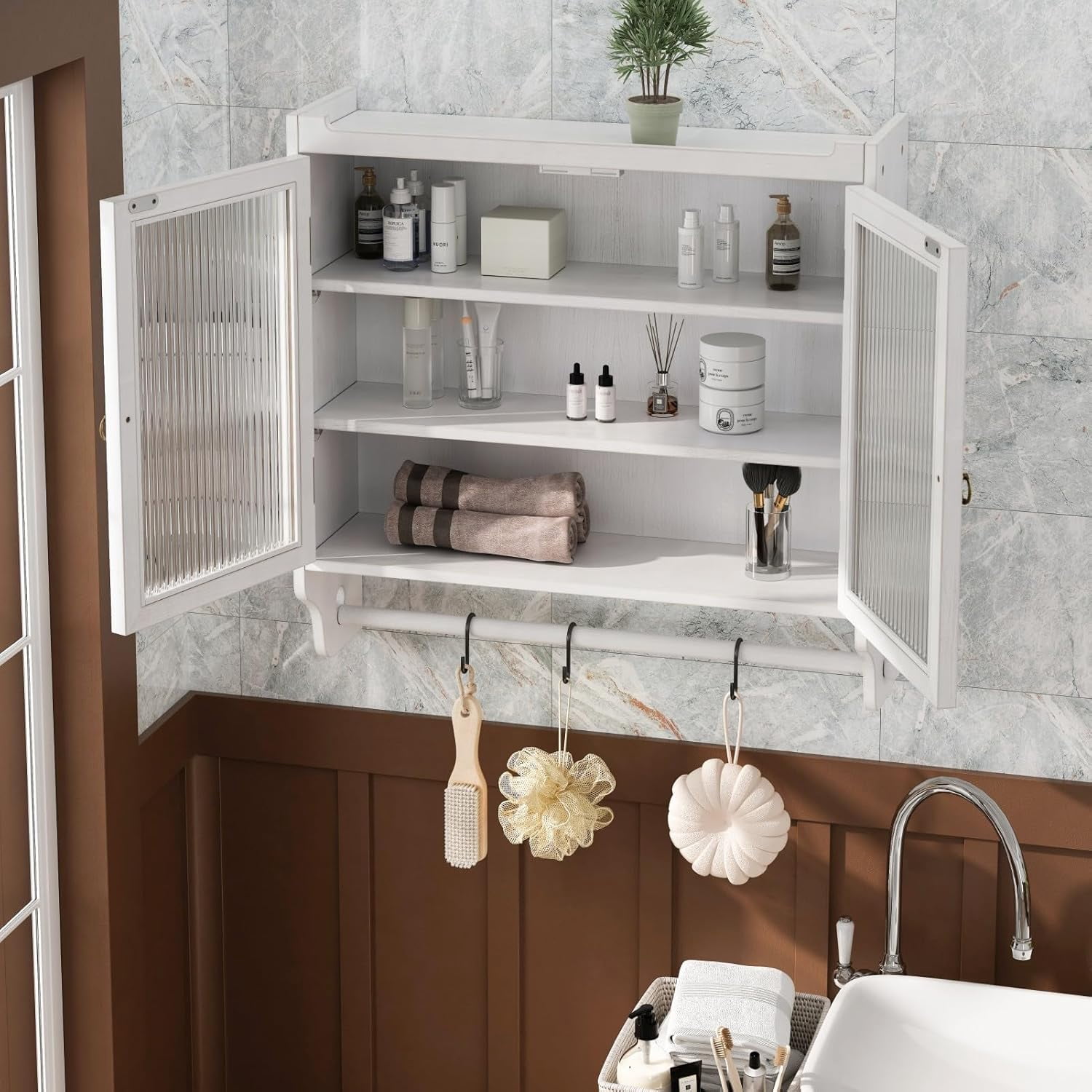 ALFRESCOOL Farmhouse Medicine Cabinet with Glass Doors Wood Wall ...