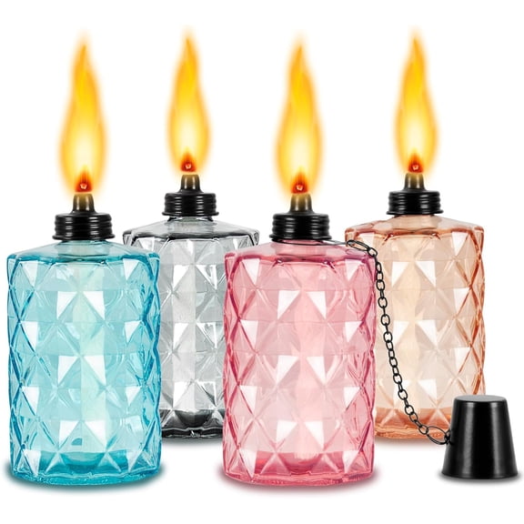 ALG Glass Table Top Torches,4 Pack Citronella Torches Canister for Outside|12 oz Refillable Glass Oil Lantern with Wick and Cap,Landscape Lantern Torch for Garden Deck Yard Patio Party Lighting Decor