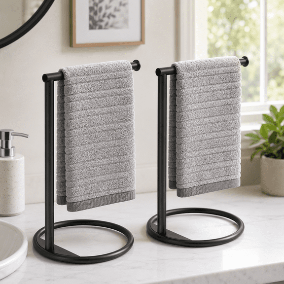 ALG Hand Towel Holder Stand, Thicken Metal L Shape Hand Towel Rack, Small Towel Ring, Stable Standing Towel Bar for Bathroom Kitchen Vanity Countertop, 8” L 14” H (Matte Black, 2 Pack)