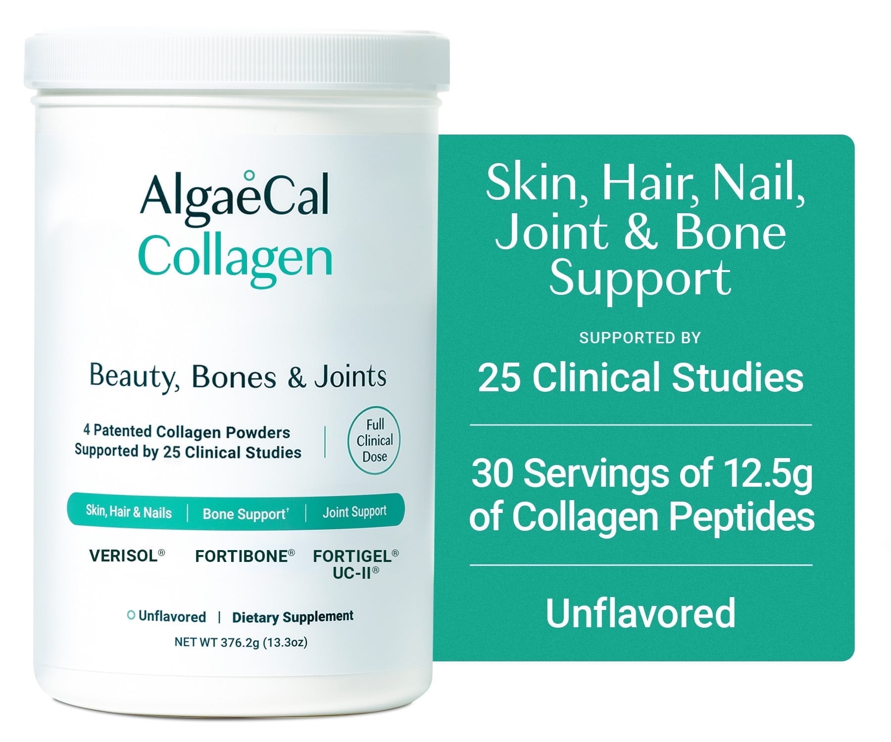 AlgaeCal Collagen - Clinically-Supported Collagen For Skin, Hair, Nails, Joints, & Bones. VERISOL, FORTIBONE, UC-II, & FORTIGEL, Multi Peptides, 30 Servings