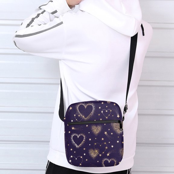ALIKPOP Purple Heart Print Crossbody Bag – Stylish Black Shoulder Sling Handbag With Adjustable Strap, Vibrant Purple Heart Design, Perfect For Casual Outings And Travel, Purple Heart Purse
