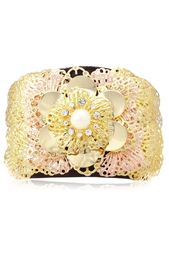 Golden Pink Flower Petal Burst Clear Rhinestone Pearl Brown Band Bracelet