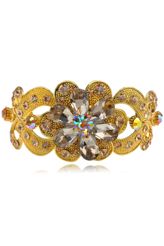 Golden Tone Topaz Crystal Rhinestones Flower Floral Bangle Bracelet Cuff