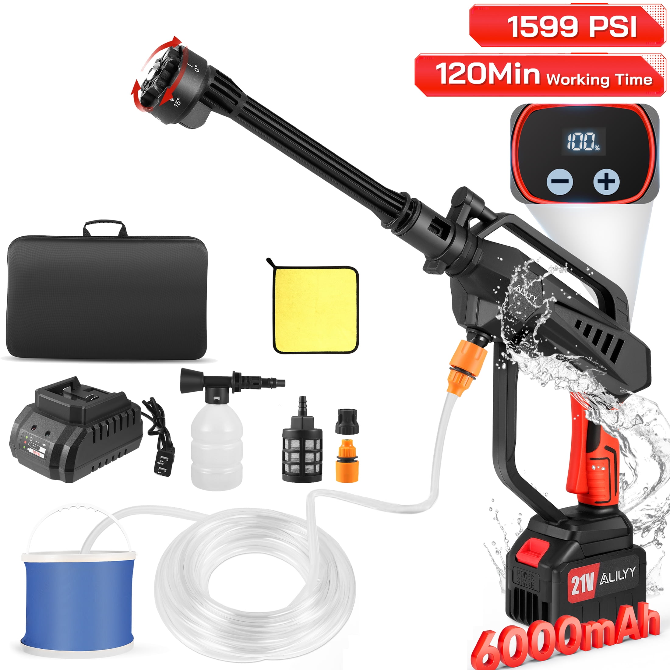 ALILYY 1599PSI Cordless Pressure Washer 900W 2.7GPM Portable Power Washer with 6-in-1 Adjustable Nozzle,5.0Ah Battery for Floor Cleaning, Washing Cars, Watering Flowers