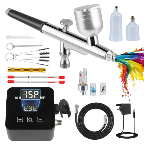 ALILYY Airbrush Kit with Air Compressor, Digital Display High Pressure Air Brush Non-Clogging with 0.2/0.5mm Nozzle, for Painting,Modeling,Cake Decor, Makeup,Black