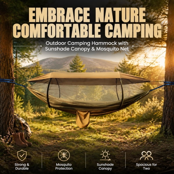 ALILYY Camping Hammock, 4 in 1 Portable Hammock Tent, 2 Person Pop-up Hammock with Mosquito Net & Sunshade Cloth & Tree Straps, 550lbs Max Load Heavy Duty Tree Hammock for Outdoor Camping