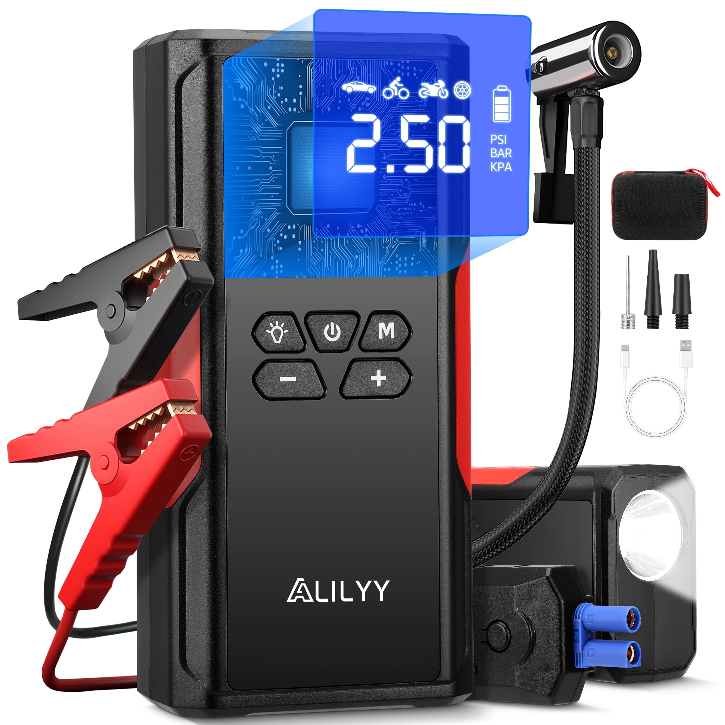 ALILYY Car Jump Starter with Air Compressor 150PSI Tire Inflator ,4000A Peak Car Battery Jump Starter (8.0L Gas or 8.0L Diesel) 32000mAh Battery Jump Box with L