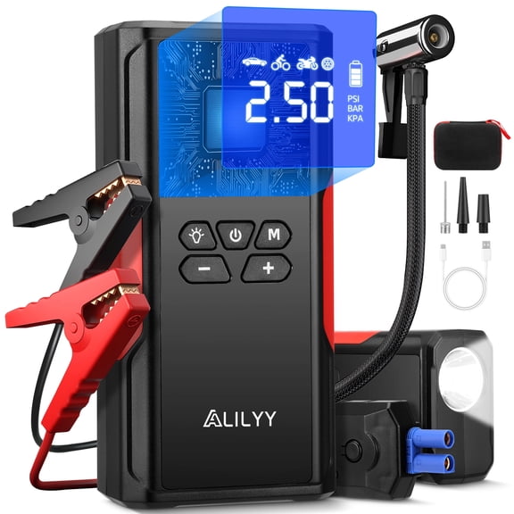 ALILYY Car Jump Starter with Air Compressor 150PSI Tire Inflator ,4000A Peak Car Battery Jump Starter (8.0L Gas or 8.0L Diesel) 32000mAh Battery Jump Box with LED Light,Black