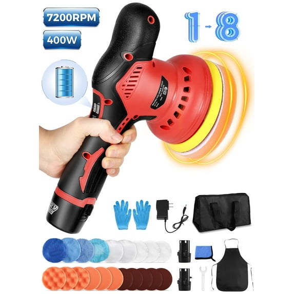 ALILYY Cordless Car Buffer Polisher 8 Variable Speed Car Buffers and Polishers Kit 2 PCS Batteries for Car Polishing/Waxing/Scratch Removing,Red