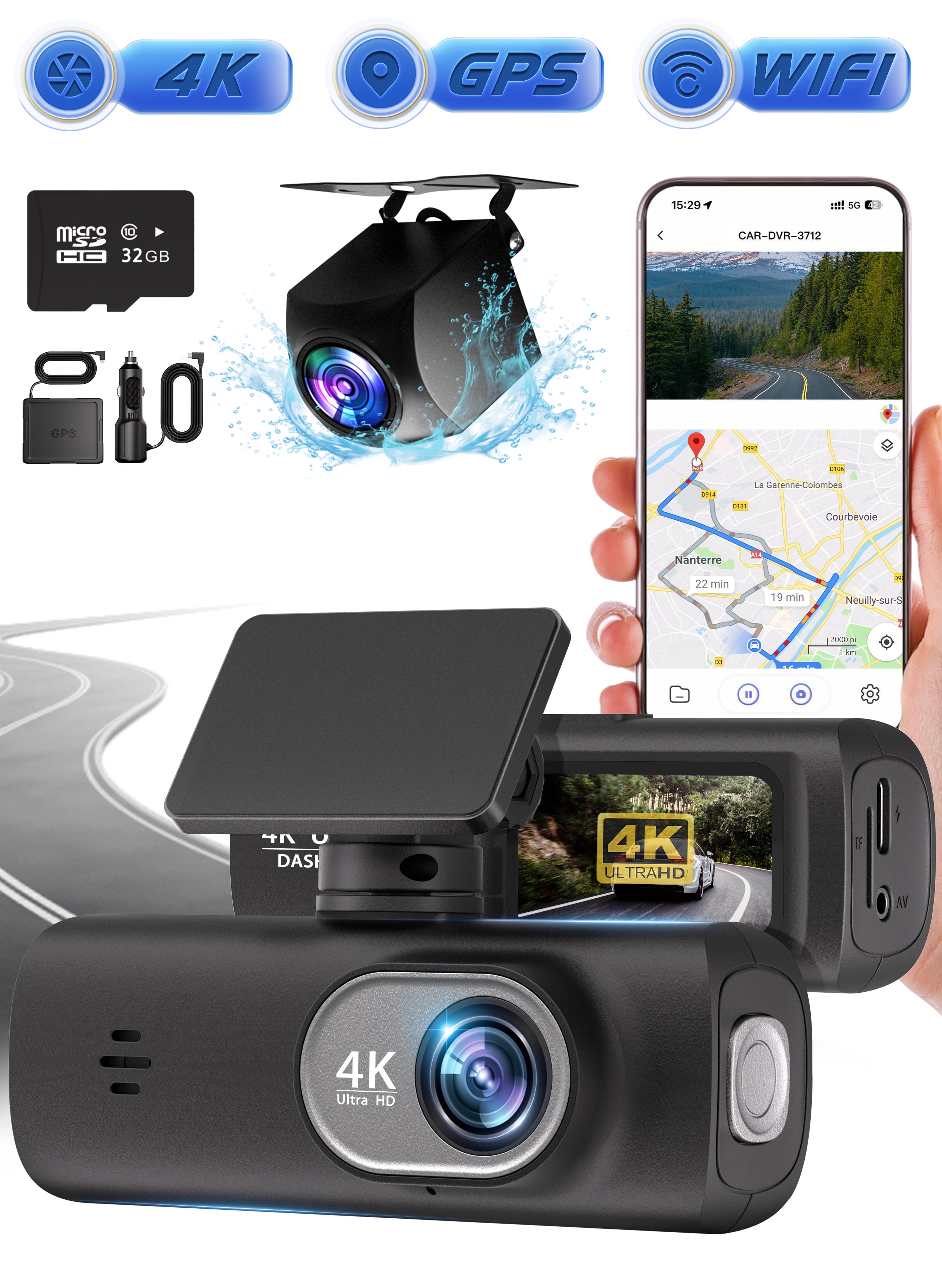 ALILYY Dash Cam Front and Rear,4K+1080P Dash Cam with WiFi & GPS,Dash Camera for Cars with 32GB Card,Super Night Vision,G-Sensor, 24Hr Parking,Loop Recording,Black