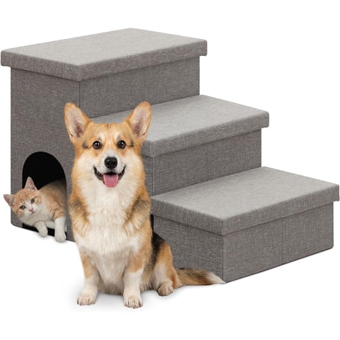 ALILYY Dog Stairs for Bed,18" H 3 Step Small dog stairs,Folding Storage Pet Stairs for High Beds Couch, Gift for Small/Medium/Large Old Dogs Cats,Gray