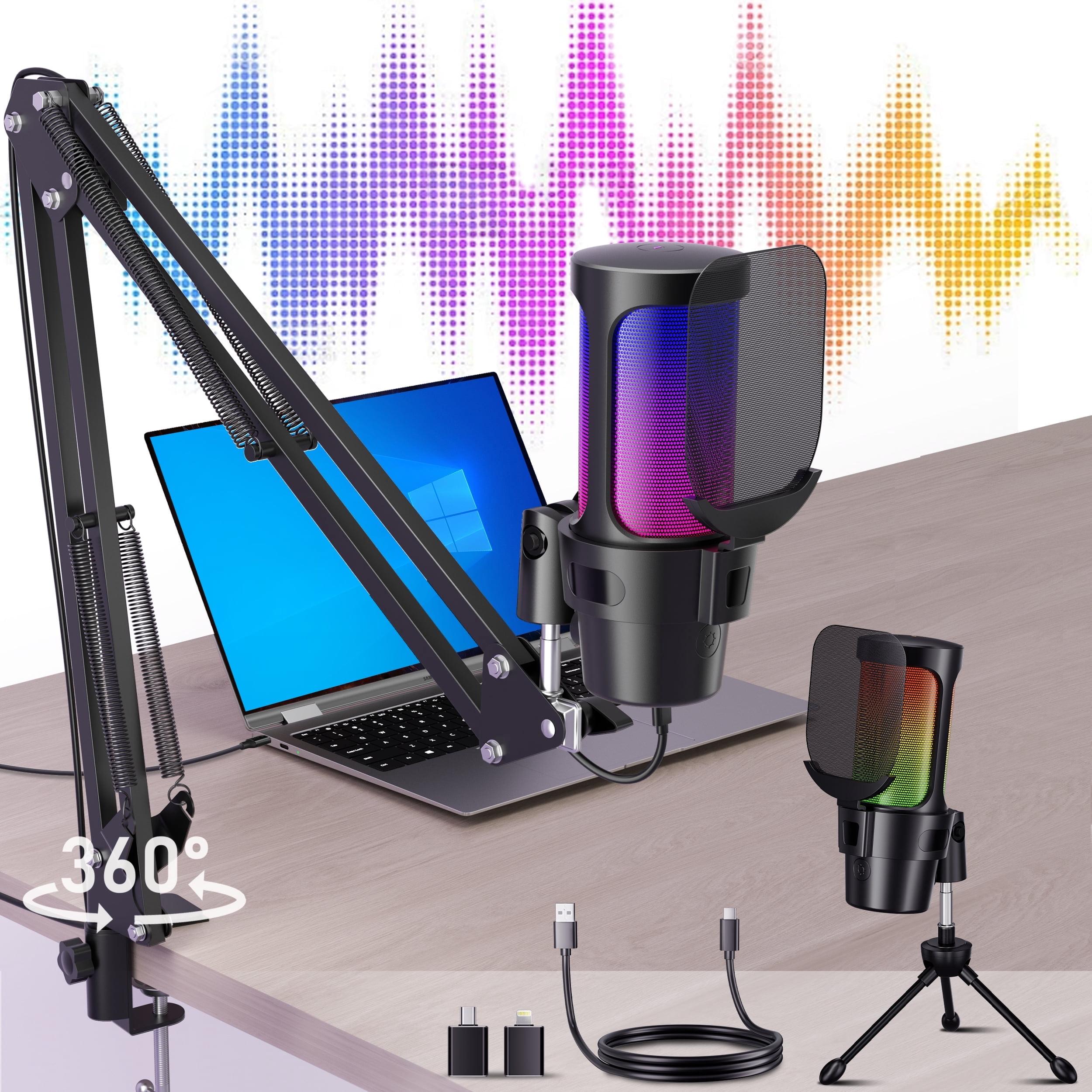ALILYY Gaming USB Microphone,Noise Cancellation Condenser mic with Boom Arm,Mute, Gain, Monitoring, Gaming Microphone for Phone,PC,Computer,PS4,PS5,Mac,Streaming,Podcast,Twitch,YouTube,Discord