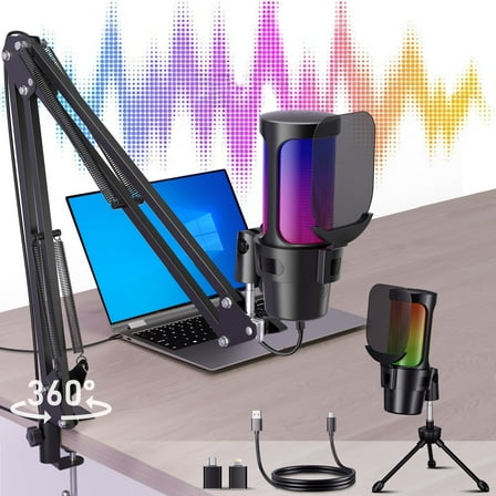 ALILYY Gaming USB Microphone,Noise Cancellation Condenser mic with Boom Arm,Mute, Gain, Monitoring, Gaming Microphone for Phone,PC,Computer,PS4,PS5,Mac,Streaming,Podcast,Twitch,YouTube,Discord
