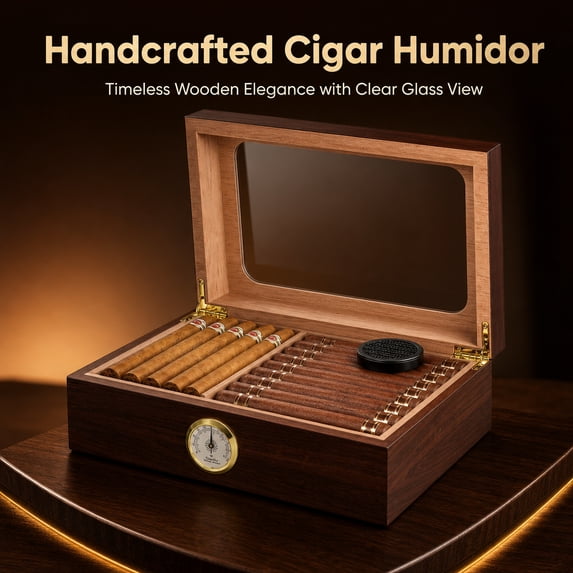 Doulami Handmade Cigar Humidor, featuring Cedar wood desktop box with built-in humidifier and hygrometer, glass top, and capacity for 50 cigars, in brown