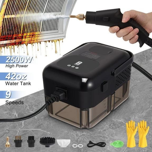 ALILYY Steam Cleaner 2500W Handheld Steam Cleaner for Home,Steamer for Cleaning with 42oz Water Tank,6 Cleaning Attachments for Cleaning Stubborn Stains,Grease,Floors,Couches & Cars,Black