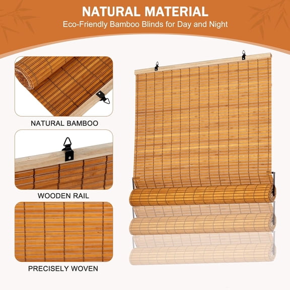 ALIMOO Cordless Bamboo Blinds Roll Up Shades Light Filtering Cordless Roller Window Blinds for Interior Home Porch 30" W x 72" L