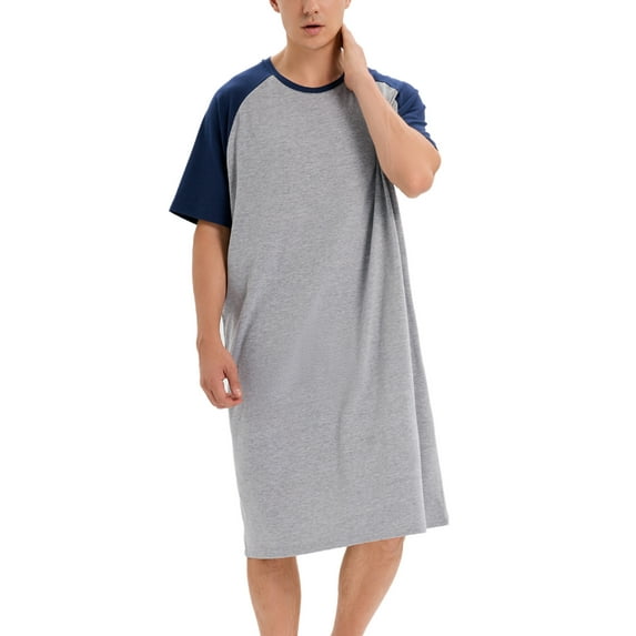 ALING Mens Sleepshirt Short Sleeve Nightgown Long Nightshirts Crew Neck Henley Sleepwear Nightwear Pajamas Casual Loungewear Size Up To 3XL