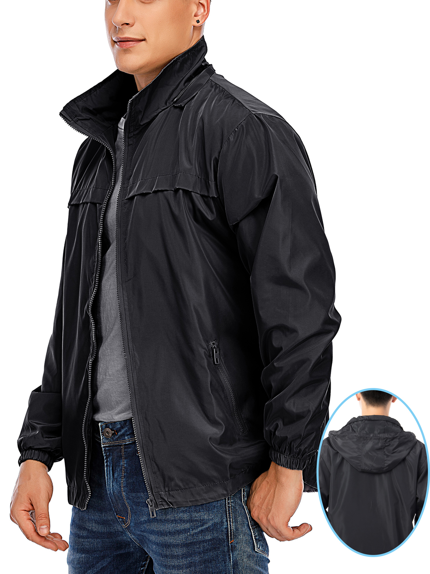 ALING Mens Windbreakers Jackets Detachable Hooded Windbreaker Casual Tactical Jacket Outdoor