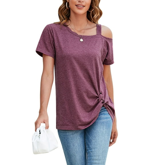ALING Short Sleeve Tops For Women Summer Loose Short Sleeved Tee,Sexy Off The Shoulder Tops Twist Knot Tunics T-Shirt Blouse Fashion Tops,Black/Gray/Burgundy