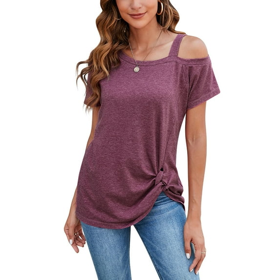ALING Women's Short Sleeve Top Fashion One Shoulder Short Sleeve Twist Knot Summer Top Casual T Shirt Blouse-Sexy Leaky Shoulder Diagonal Collar Top,Black/ Gray/Burgundy