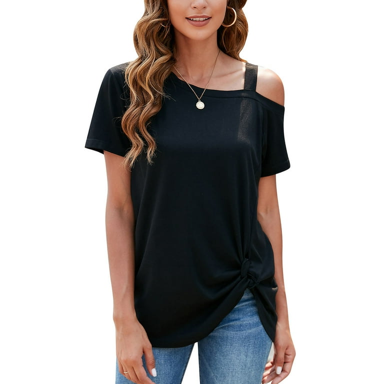 ALING Women's Short Sleeve Top Fashion One Shoulder Short Sleeve