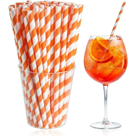 100 Orange and White Striped Paper Straws, Biodegradable Disposable Drinking Straws for Halloween, Bridal Shower, Brithday, New Year, Party Decoration Supplies