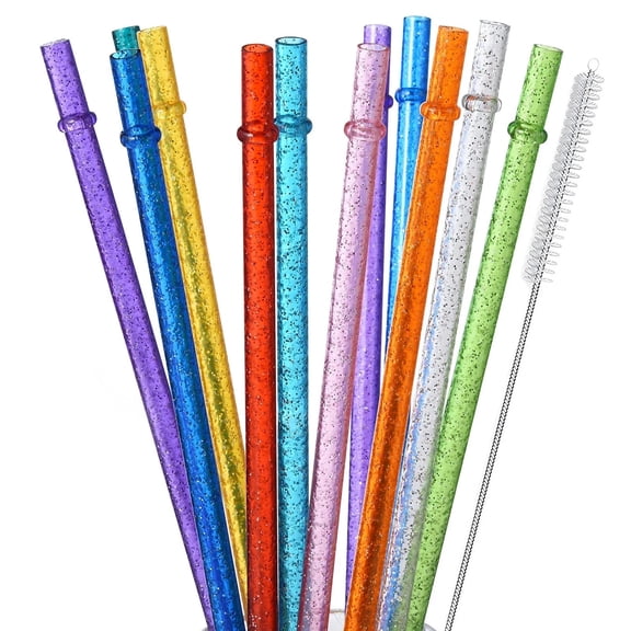 ALINK 12-Pack Glitter Reusable Clear Plastic Straws 11" Long Hard Tumbler Rep...
