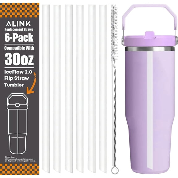 Replacement Straws for Stanley IceFlow 2.0 Flip Straw Tumbler 30oz, 6 Pack Reusable Clear Plastic Straws Compatible with 30oz IceFlow Cup with Cleaning Brush, Angled Design, Dishwasher Safe