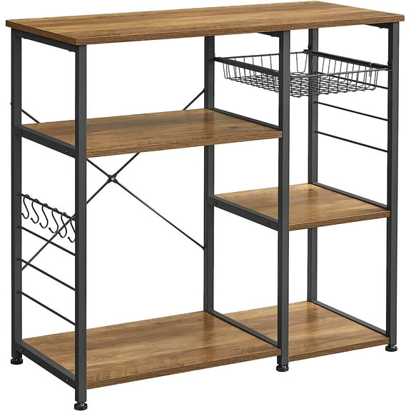 ALINRU Kitchen Bakers Rack Coffee Bar Microwave Oven Stand 6 Hooks for Mini Oven Rustic Walnut and Black