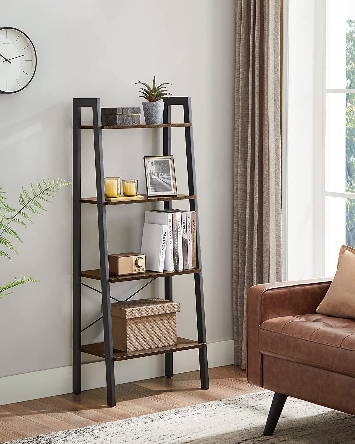 ALINRU Ladder Shelf 4-Tier Bookshelf Storage Rack Shelves Bathroom Living Room Rustic Dark Brown and Black