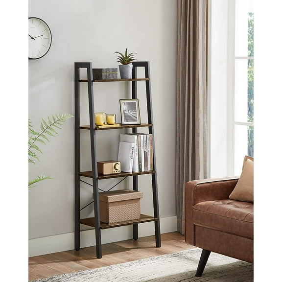 ALINRU Ladder Shelf 4-Tier Bookshelf Storage Rack Shelves Bathroom Living Room Rustic Dark Brown and Black