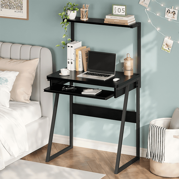 ALISENED 2 Tiers Small Computer Desk for Small Space, Compact Laptop Table Workstation with Keyboard Tray, Study PC Table for Home Office, Black