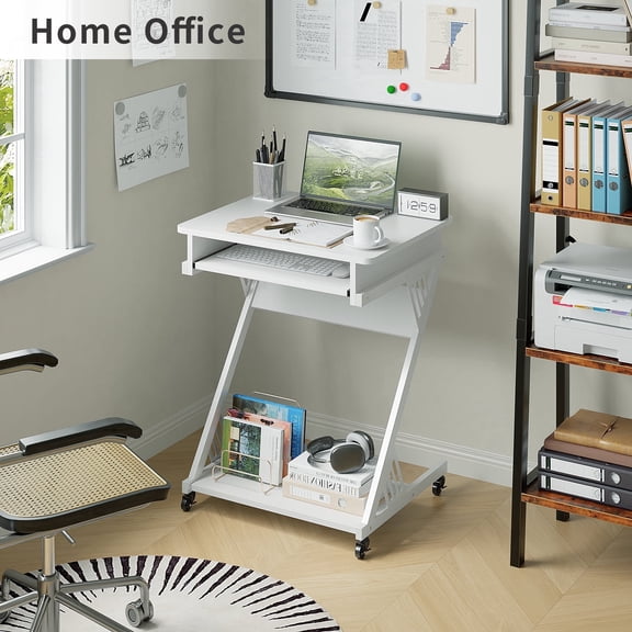 ALISENED 23.6 inch Z-Shaped Computer Desk with Smooth Keyboard Tray, with Wheels and Bottom Shelves