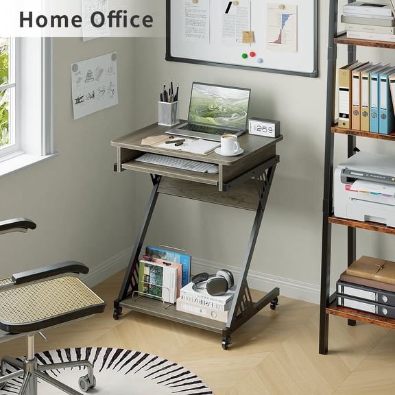 ALISENED 23.6 inch Z-Shaped Computer Desk with Smooth Keyboard Tray, with Wheels and Bottom Shelves