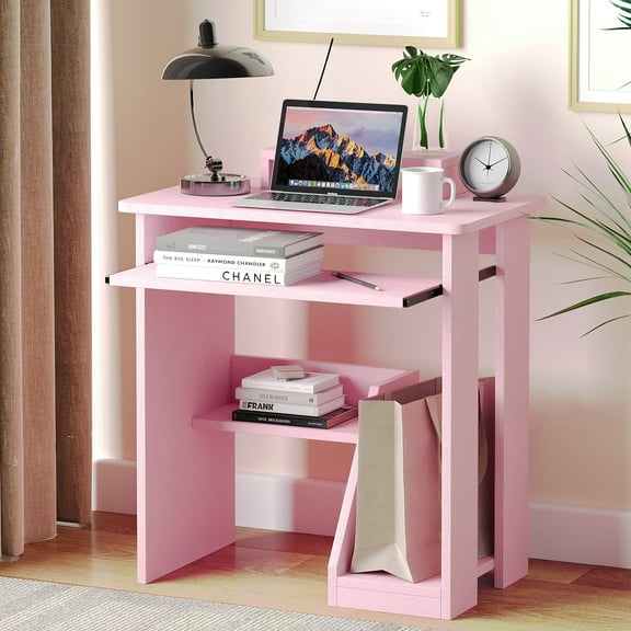 ALISENED 29in Computer Desk with Monitor Stand and Keyboard Tray for Small Space, Wood PC Laptop for Bedroom, Writing Table with Shelves for Living room, Pink