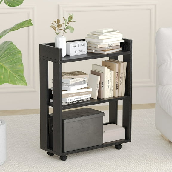 ALISENED 3 Tier Bookshelf and Bookcase with Wheels, Wood Small Nightstand, End Table Storage Rack