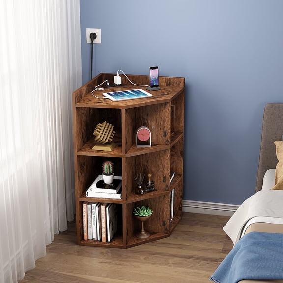 ALISENED 3-Tier Corner Cabinet Storage with USB Ports and Outlets,Corner Cube Storage Organizer for Small Spaces,Cubby Bookshelf with 9 Cubes for Playroom, Bedroom and Living Room (Black)