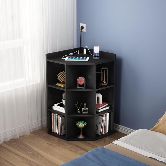 ALISENED 3-Tier Corner Cabinet Storage with USB Ports and Outlets,Corner Cube Storage Organizer for Small Spaces,Wooden Cubby Bookshelf with 9 Cubes for Playroom, Bedroom and Living Room (Black)