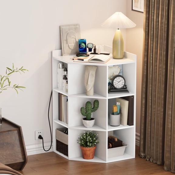 ALISENED 3-Tier Corner Cabinet Storage with USB Ports and Outlets,Corner Cube Storage Organizer for Small Spaces,Wooden Cubby Bookshelf with 9 Cubes for Playroom, Bedroom and Living Room (Black)