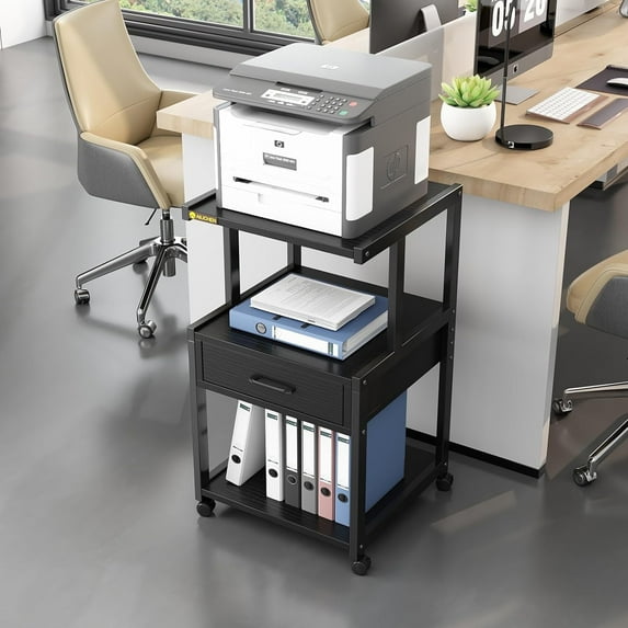 ALISENED 3-Tier Movable Printer Stand with Storage Rolling Floor-Standing Deskside Shredder Storage Shelf Rack for Home Office Supplies Fax Scanner File Book 45CMx38CM