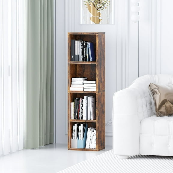 ALISENED 4 Cube Tall Skinny Bookcase, Narrow Organizer Shelf, Wood Corner Bookshelf, Storage Shelves