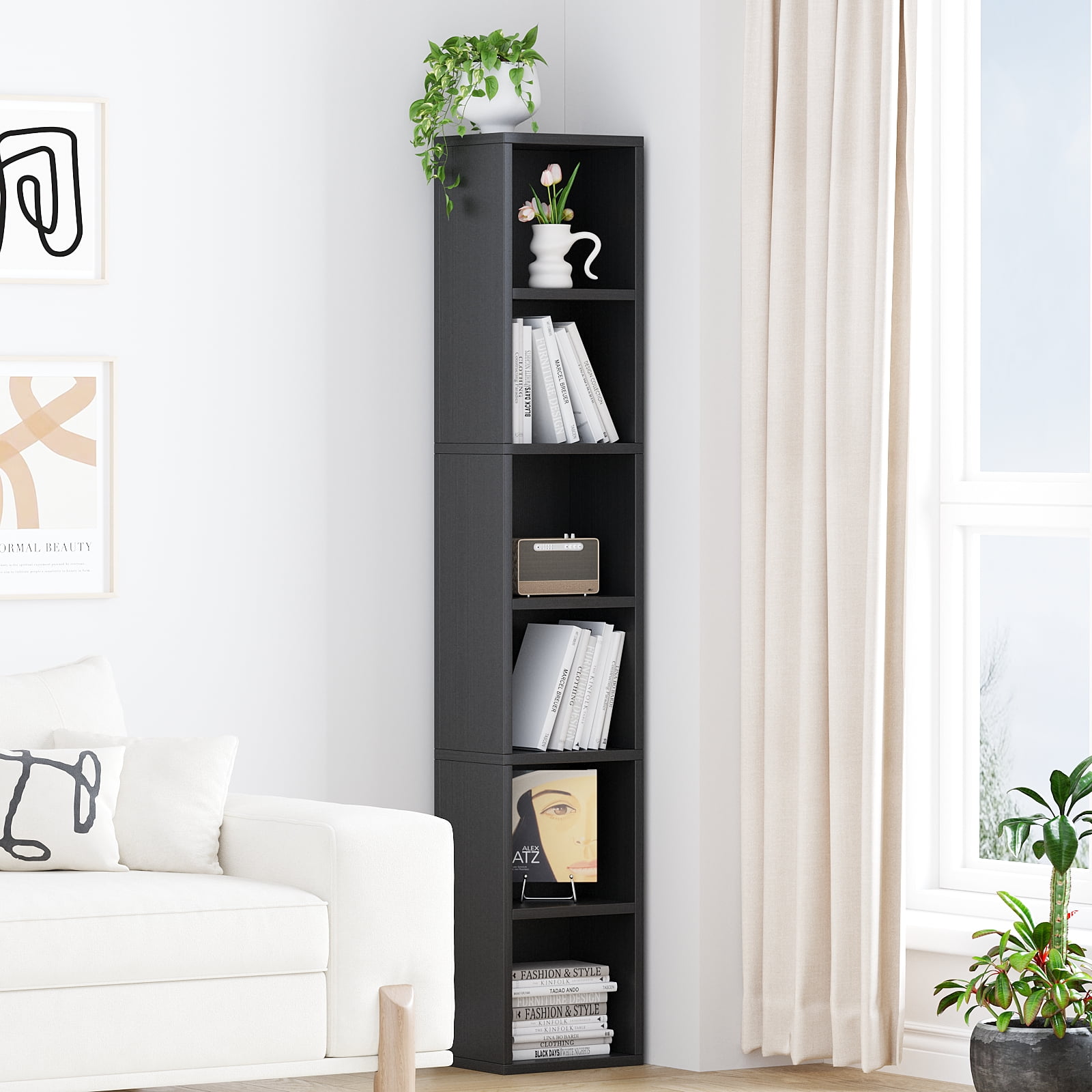 ALISENED 6 Cube Tall Skinny Bookcase, Narrow Organizer Shelf, Wood Corner Bookshelf, Storage Shelves